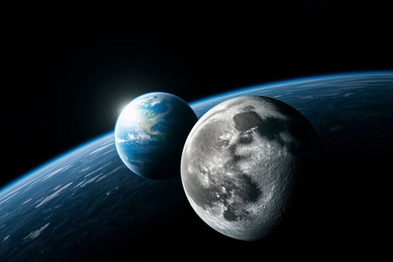 Vista da Lua com detalhes de sua superfície e a Terra ao fundo.