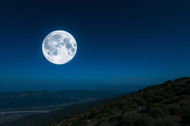 A Lua brilhando intensamente no céu estrelado sobre um campo sereno.