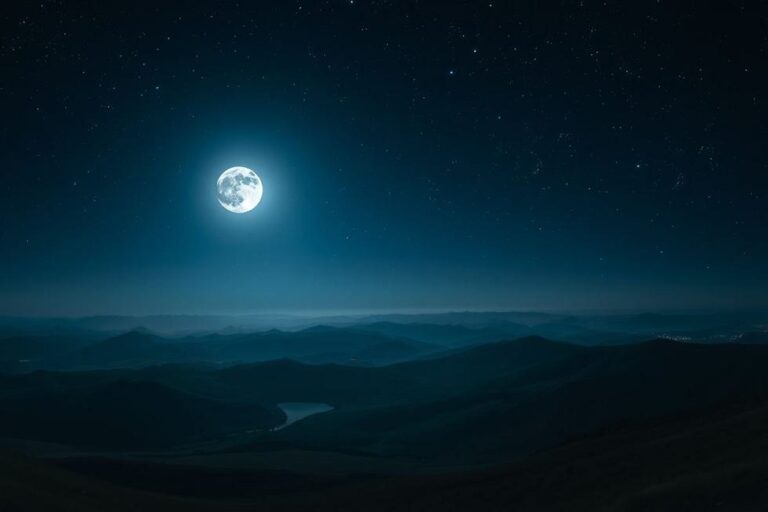 Uma paisagem noturna serena iluminada pela luz da Lua, evocando a fascinação pelas fases lunares.