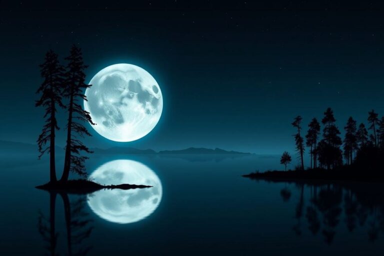 Impressionante refração da Lua em um lago tranquilo.