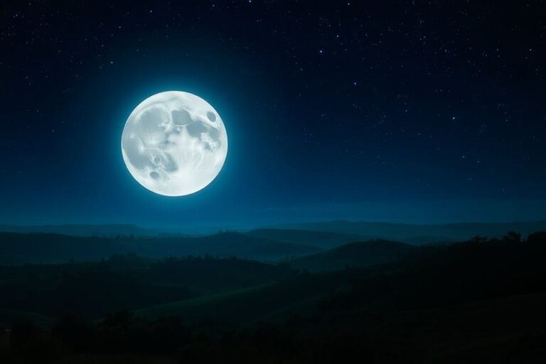 Lua cheia brilhando sobre uma paisagem noturna serena.