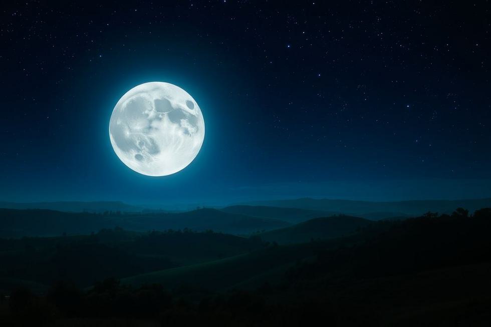 Lua cheia brilhando sobre uma paisagem noturna serena.