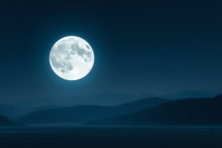 Vista da Lua Cheia sobre uma paisagem serena.