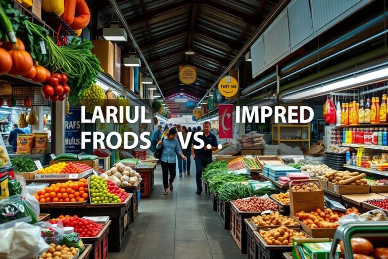 Imagem de um mercado vibrante mostrando produtos locais e importados, simbolizando as escolhas econômicas geradas pelo tarifaço.