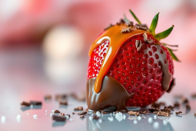 Morango do amor cobrindo com chocolate e granulados.