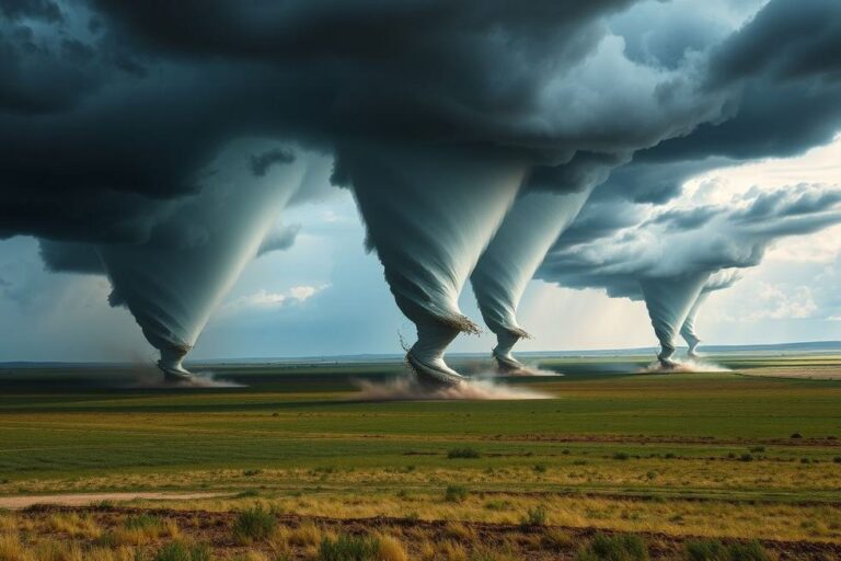 Múltiplos tornados formando sobre uma paisagem.