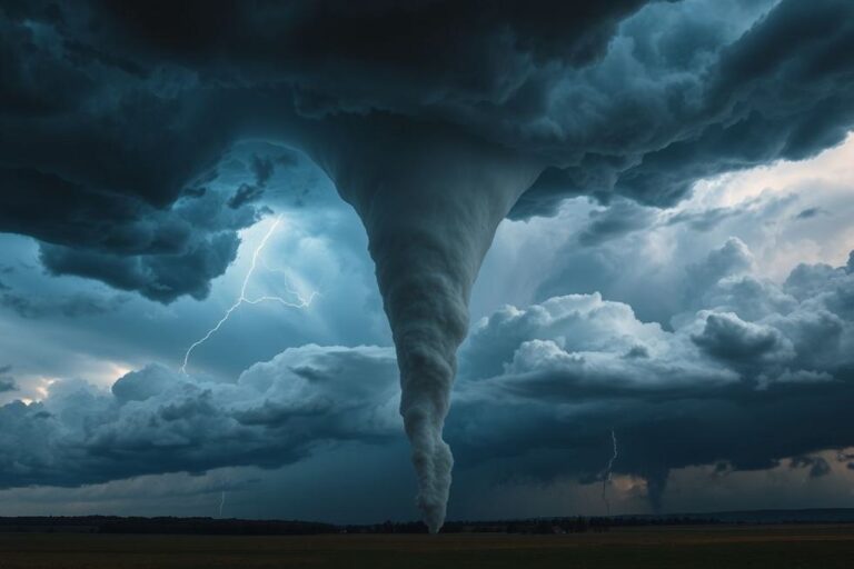 Múltiplos tornados se formando sobre um céu tempestuoso.
