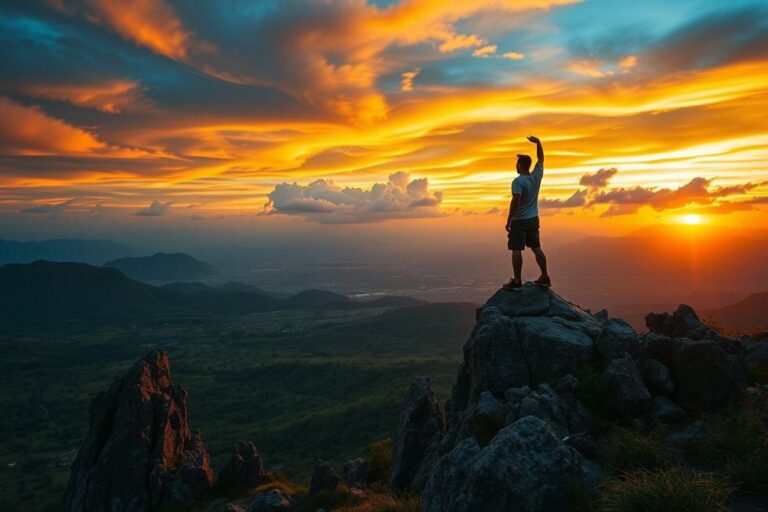 Pessoa no topo de uma montanha considerando desastres naturais potenciais.