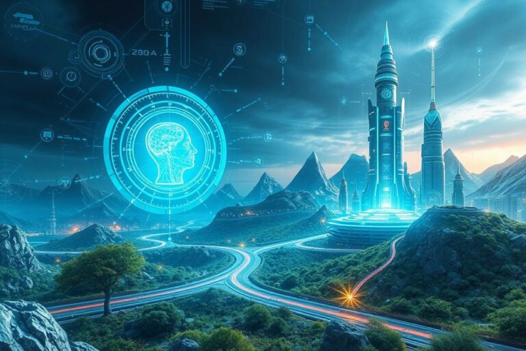 Paisagem futurista que simboliza a intersecção da tecnologia com a saúde.