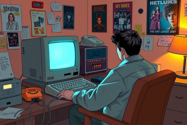 Pessoa usando um computador antigo com internet discada, cercada por itens nostálgicos.