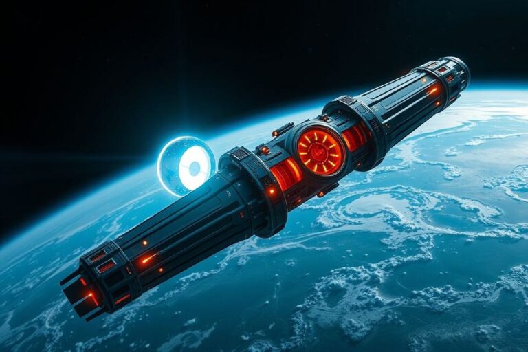 Vista aérea de uma espaçonave futurista movida por reator nuclear.
