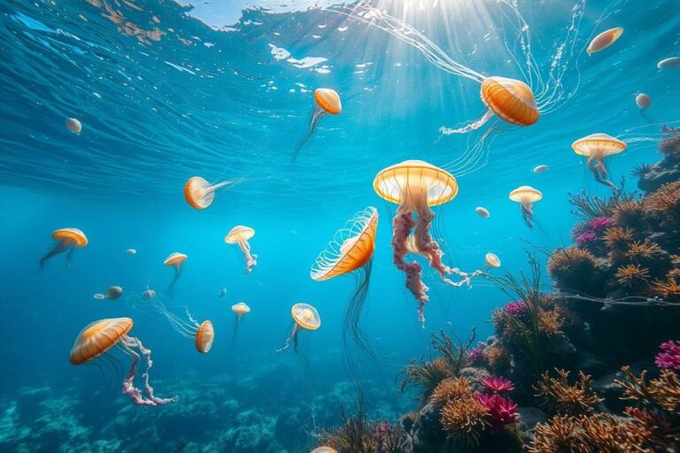 Um amplo oceano com várias criaturas marinhas, incluindo alforrecas.