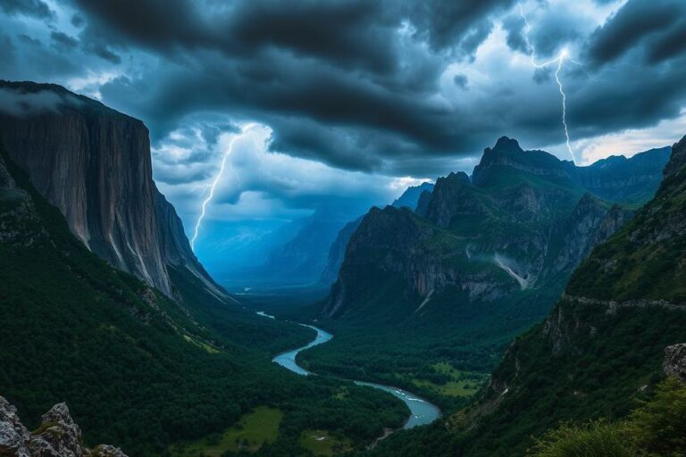 Paisagem de natureza exuberante, refletindo a dualidade de beleza e risco de fenômenos naturais.