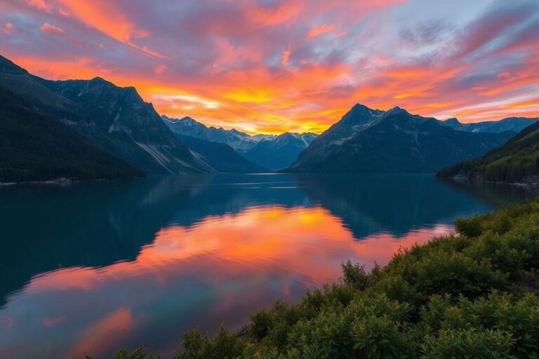 Um lago tranquilo cercado por montanhas, simbolizando a paz e a liberação emocional.