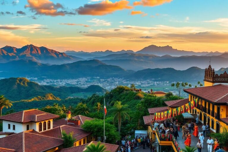 Vista panorâmica do Rio Grande do Sul com paisagens de montanhas e arquitetura tradicional.
