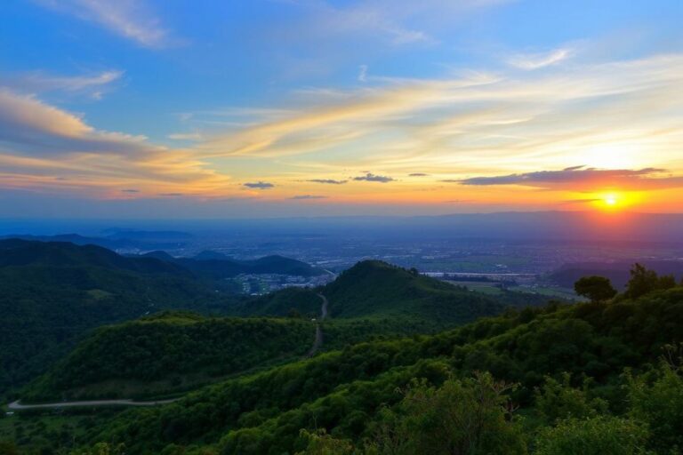 Vista panorâmica das colinas verdejantes do Rio Grande do Sul ao pôr do sol.