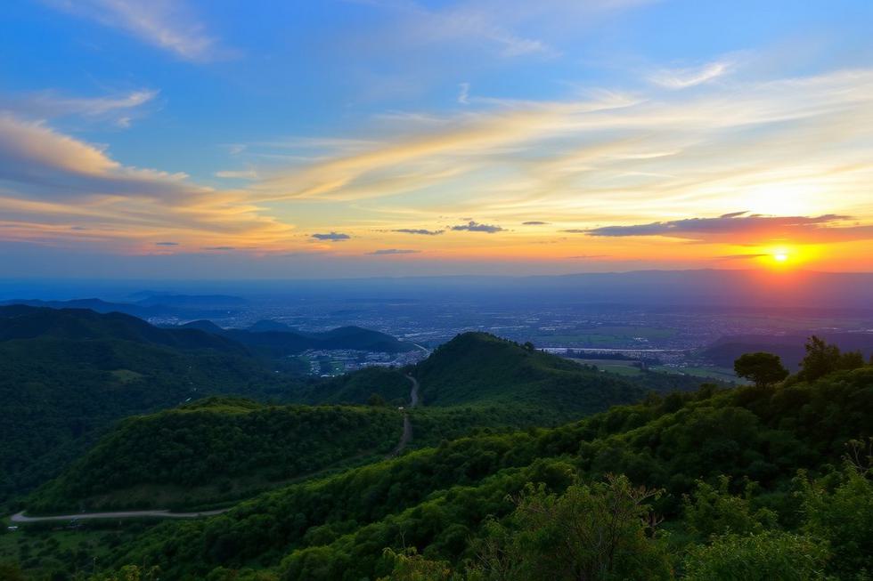 Vista panorâmica das colinas verdejantes do Rio Grande do Sul ao pôr do sol.