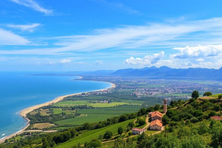 Paisagens diversas do Rio Grande do Sul com montanhas, praias e vinhedos.