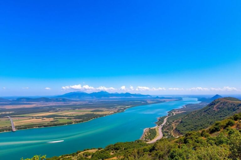 Paisagens variadas do Rio Grande do Sul com montanhas e praias sob um céu azul.