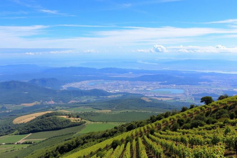 Vista panorâmica das diversas paisagens do Rio Grande do Sul, incluindo montanhas, vinhedos e litoral.
