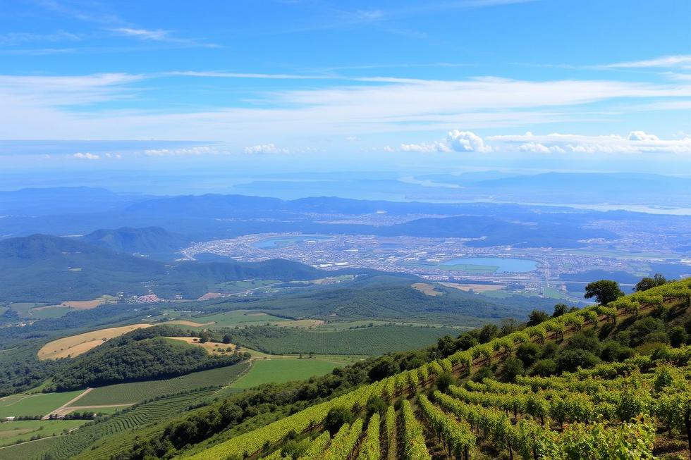 Vista panorâmica das diversas paisagens do Rio Grande do Sul, incluindo montanhas, vinhedos e litoral.