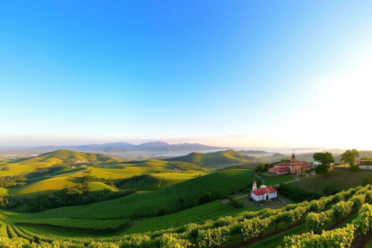 Paisagem do Rio Grande do Sul com vinhedos e colinas.
