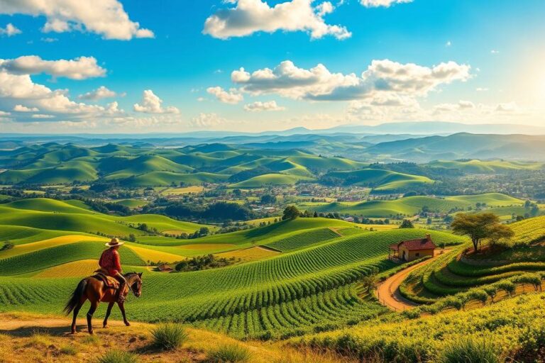 Vista panorâmica do Rio Grande do Sul com colinas, vinhedos e elementos tradicionais.
