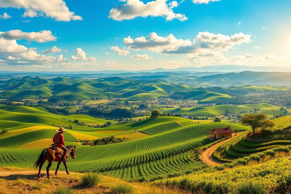 Vista panorâmica do Rio Grande do Sul com colinas, vinhedos e elementos tradicionais.
