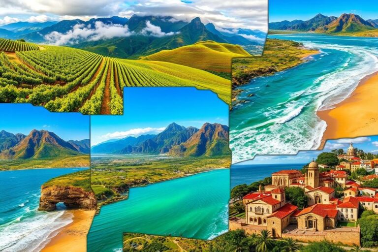 Colagem de paisagens diversas do Rio Grande do Sul.