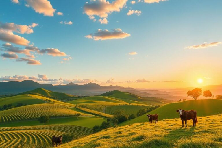 Uma imagem que mostra as diversas paisagens do Rio Grande do Sul com as montanhas e vinhedos.