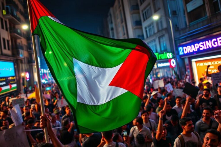Uma bandeira palestina em meio a protestos.