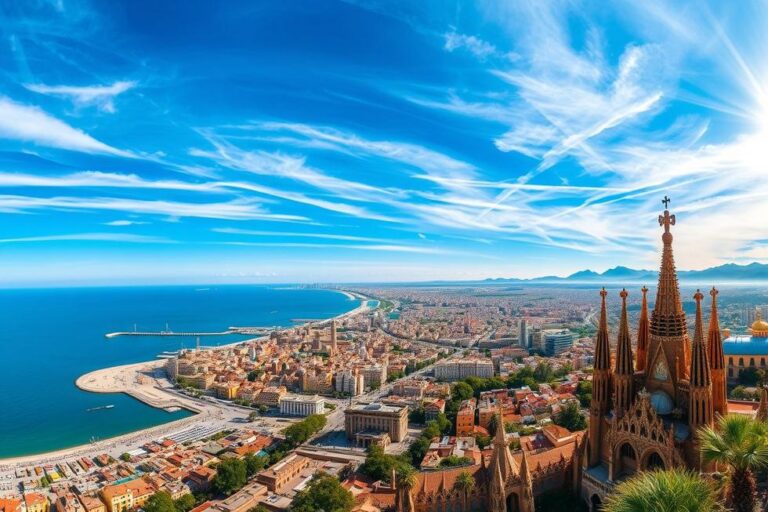Vista panorâmica da cidade de Barcelona, incluindo suas famosas obras arquitetônicas e o mar Mediterrâneo ao fundo.