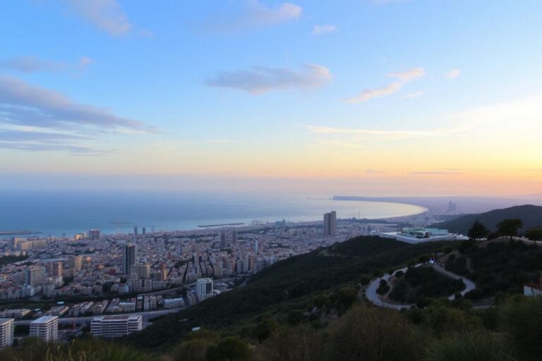 Panorâmica de Barcelona durante o pôr do sol, com vistas do mar Mediterrâneo e da cidade.