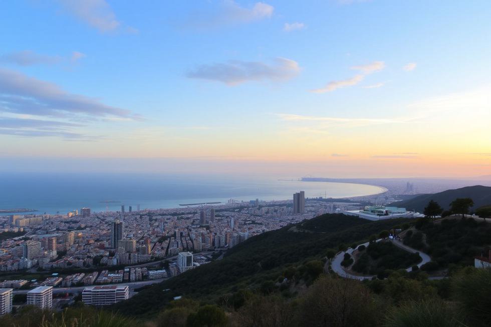 Panorâmica de Barcelona durante o pôr do sol, com vistas do mar Mediterrâneo e da cidade.