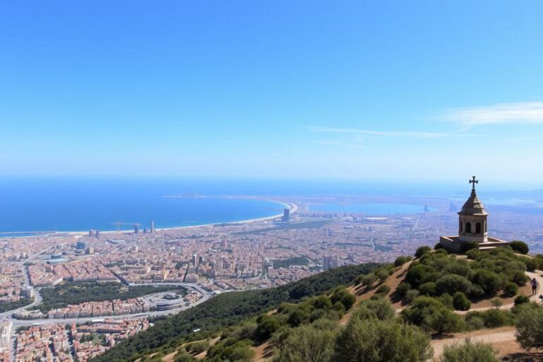 Vista panorâmica de Barcelona, mostrando a cidade, o mar Mediterrâneo e as montanhas ao fundo.