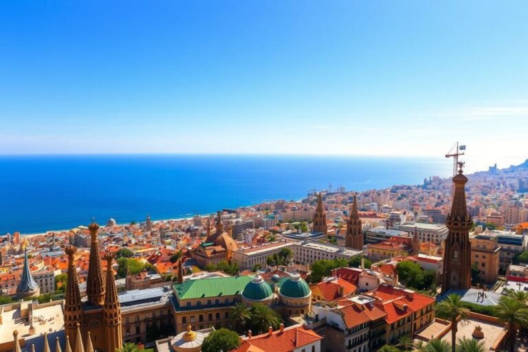 Vista panorâmica de Barcelona com arquitetura de Gaudí ao fundo e o mar Mediterrâneo.