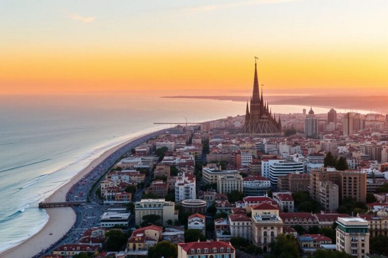 Vista panorâmica de Barcelona com monumentos e costa ao pôr do sol.