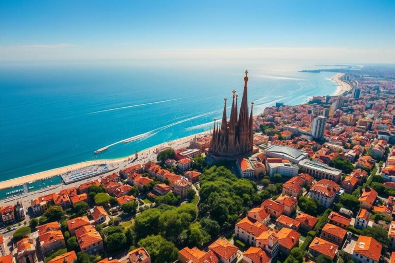 Uma vista panorâmica de Barcelona, destacando a Sagrada Família e a costa.