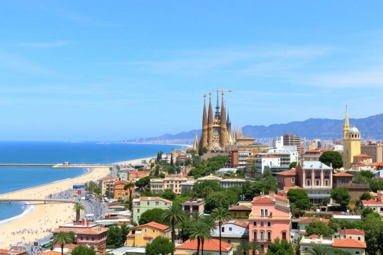Vista panorâmica da cidade de Barcelona com diversos pontos turísticos.