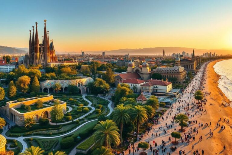 Vista panorâmica de Barcelona com Sagrada Família e costa.