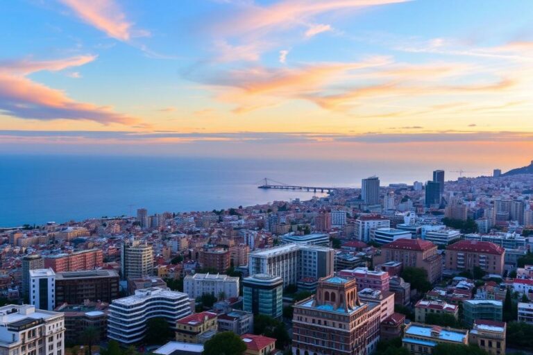Panorama de Barcelona, mostrando a arquitetura e o mar.