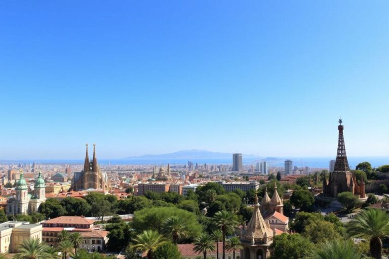 Vista da cidade de Barcelona, destacando a Sagrada Família e o Park Güell.