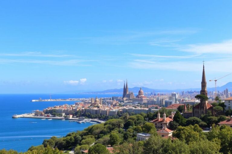 Panorama de Barcelona com mar Mediterrâneo e arquitetura famosa.