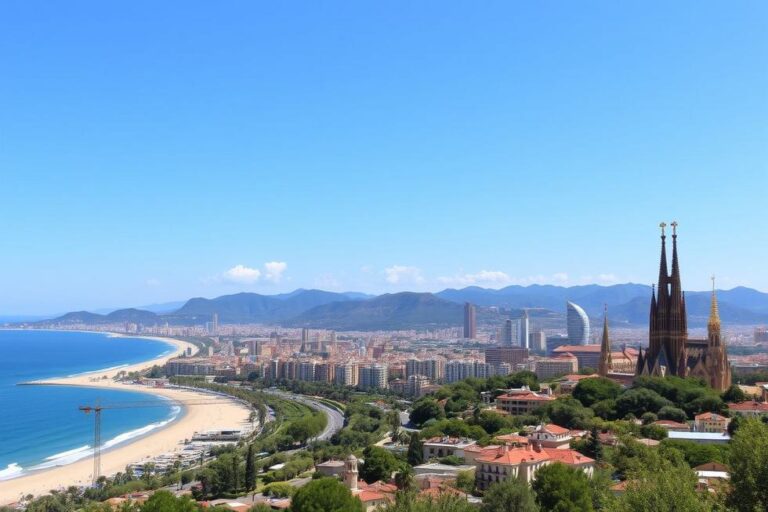 Vista completa da cidade de Barcelona com a Sagrada Família e o mar.