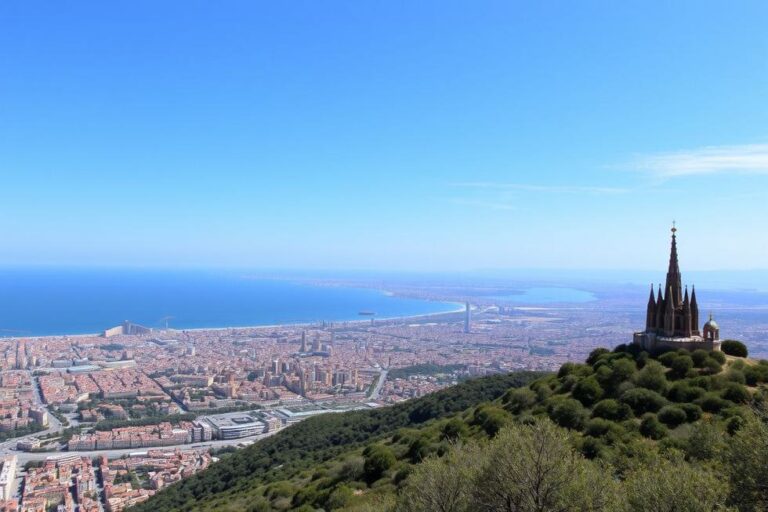 Vista panorâmica de Barcelona mostrando o mar Mediterrâneo e monumentos icônicos.