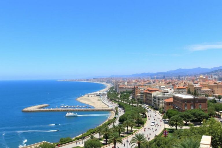 Imagem panorâmica de Barcelona com cidade e litoral.