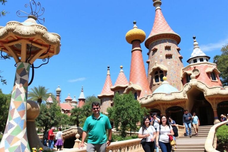 Um grupo de turistas admira a arquitetura colorida do Parque Güell em Barcelona.