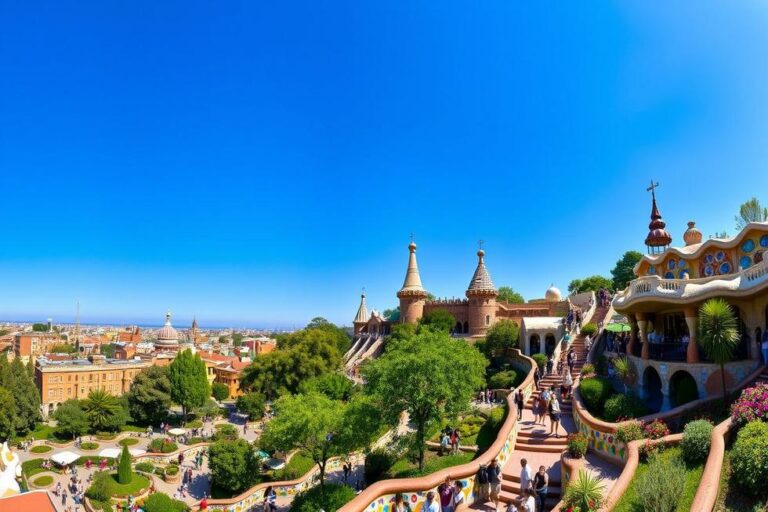 Parque Güell em Barcelona, famoso pelas suas mosaicos coloridos e design único.