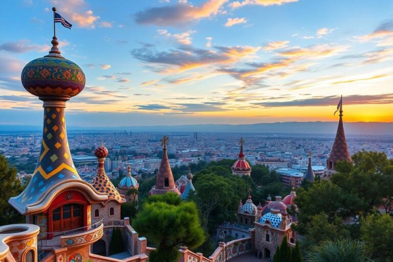 Parque Güell em Barcelona com mosaicos coloridos ao amanhecer.
