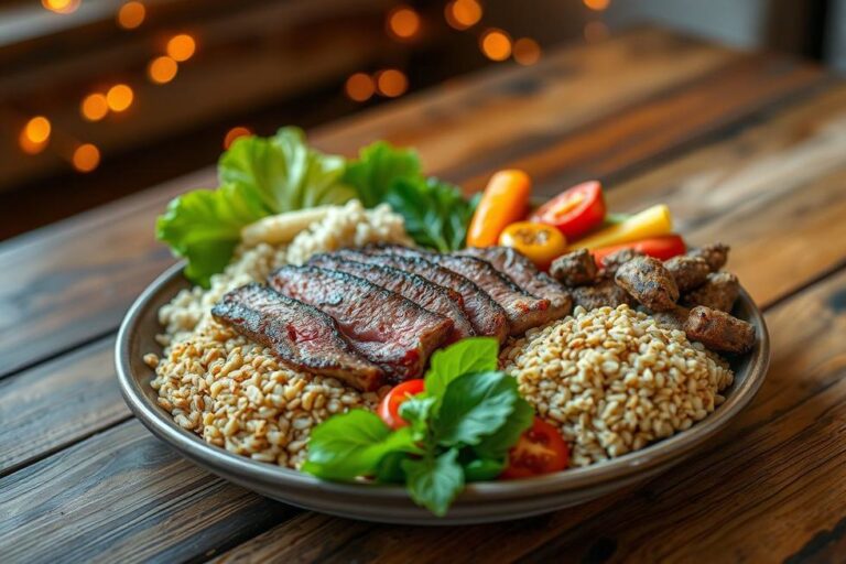Prato bem apresentado com proteínas, grãos e vegetais coloridos, simbolizando uma alimentação saudável.